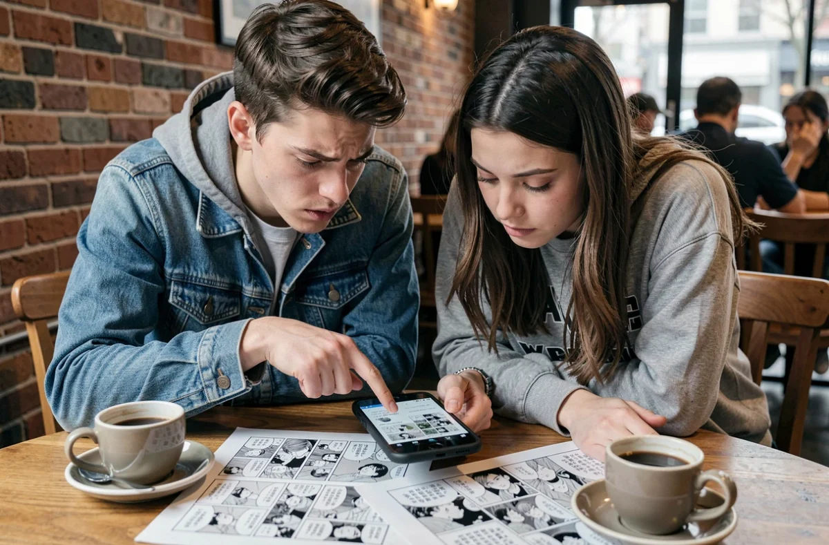 Deux jeunes fans de Demon Slayer analysant des scans manga sur un smartphone dans un café, discutant des erreurs de traduction