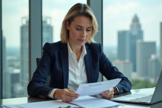 Femme d affaires en bureau avec vue urbaine
