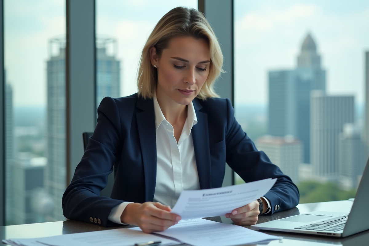 Femme d affaires en bureau avec vue urbaine
