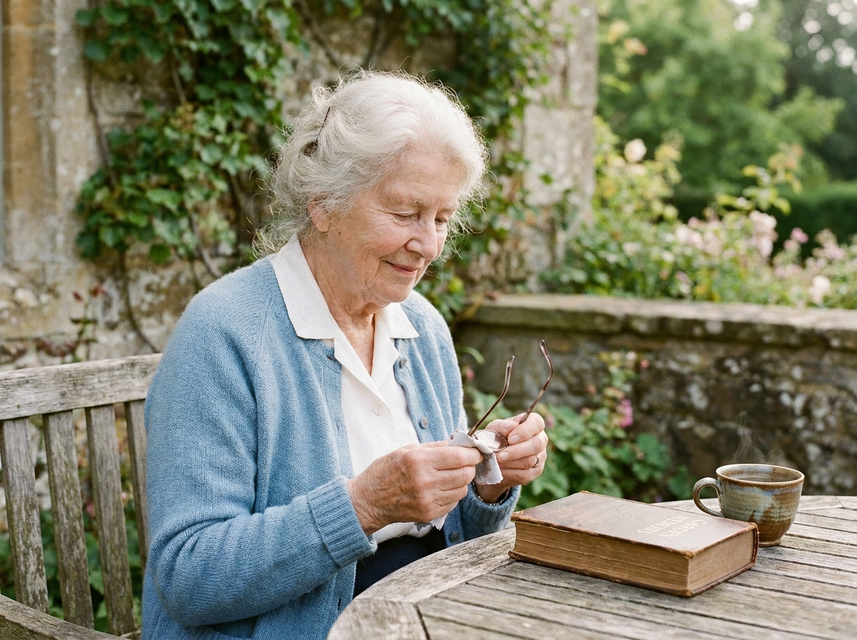 Femme âgée nettoyant ses lunettes de lecture dans un jardin, illustrant le soin de la vue comme geste spirituel quotidien