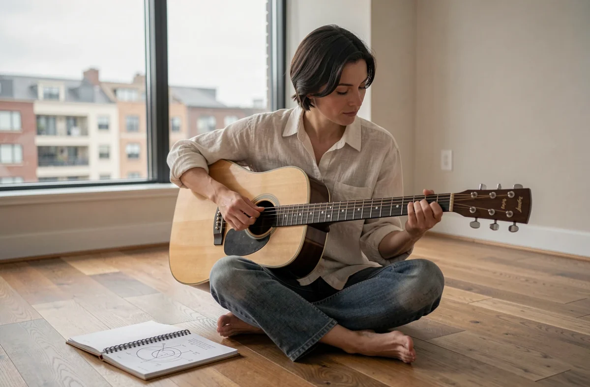 Femme apprenant l'accord D7 à la guitare avec un cahier de tablatures ouvert sur le sol