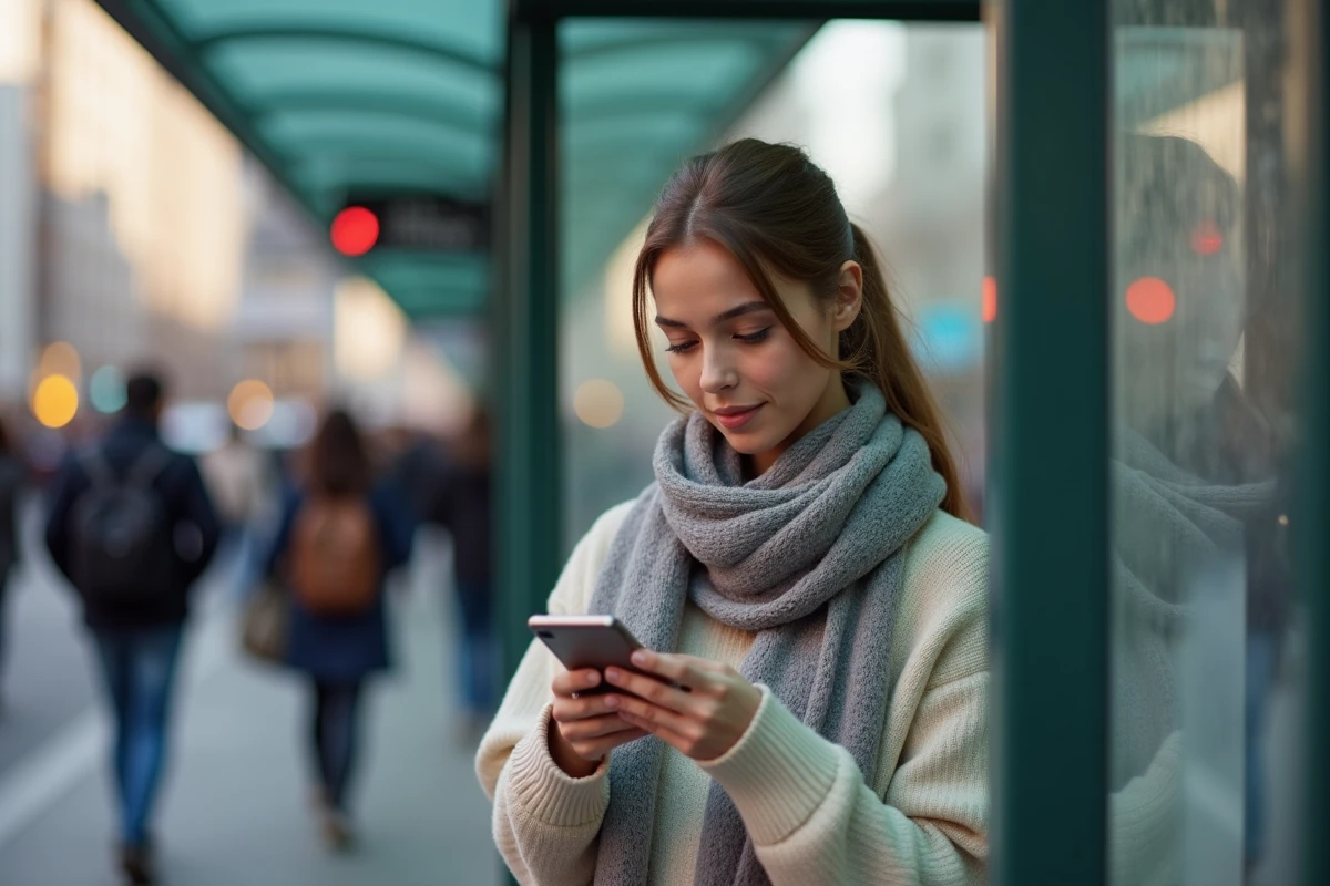 Jeune femme regardant son smartphone à un arrêt de bus en ville
