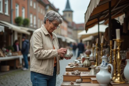 Femme examinant un vase ancien sur un stand de braderie en plein air dans le Nord