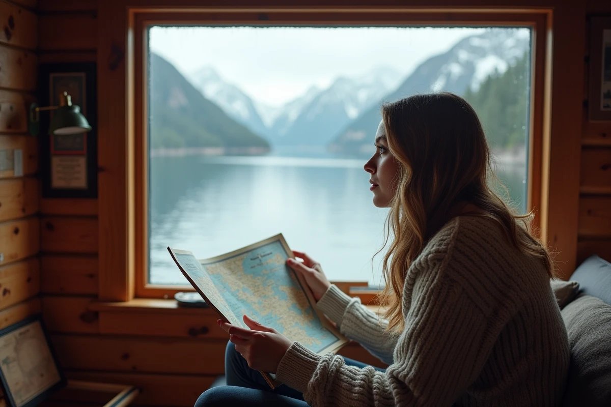 Jeune femme dans une cabane regardant la nature