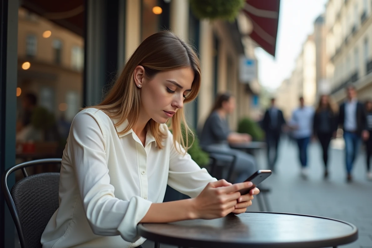 Femme assise dans un café urbain examinant son smartphone