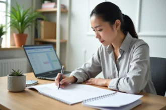 Femme marquant des jours fériés 2026 sur un calendrier papier imprimé dans un bureau à domicile