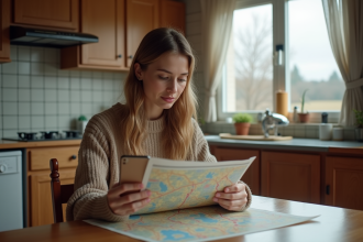 Jeune femme examine une carte dans une cuisine rurale