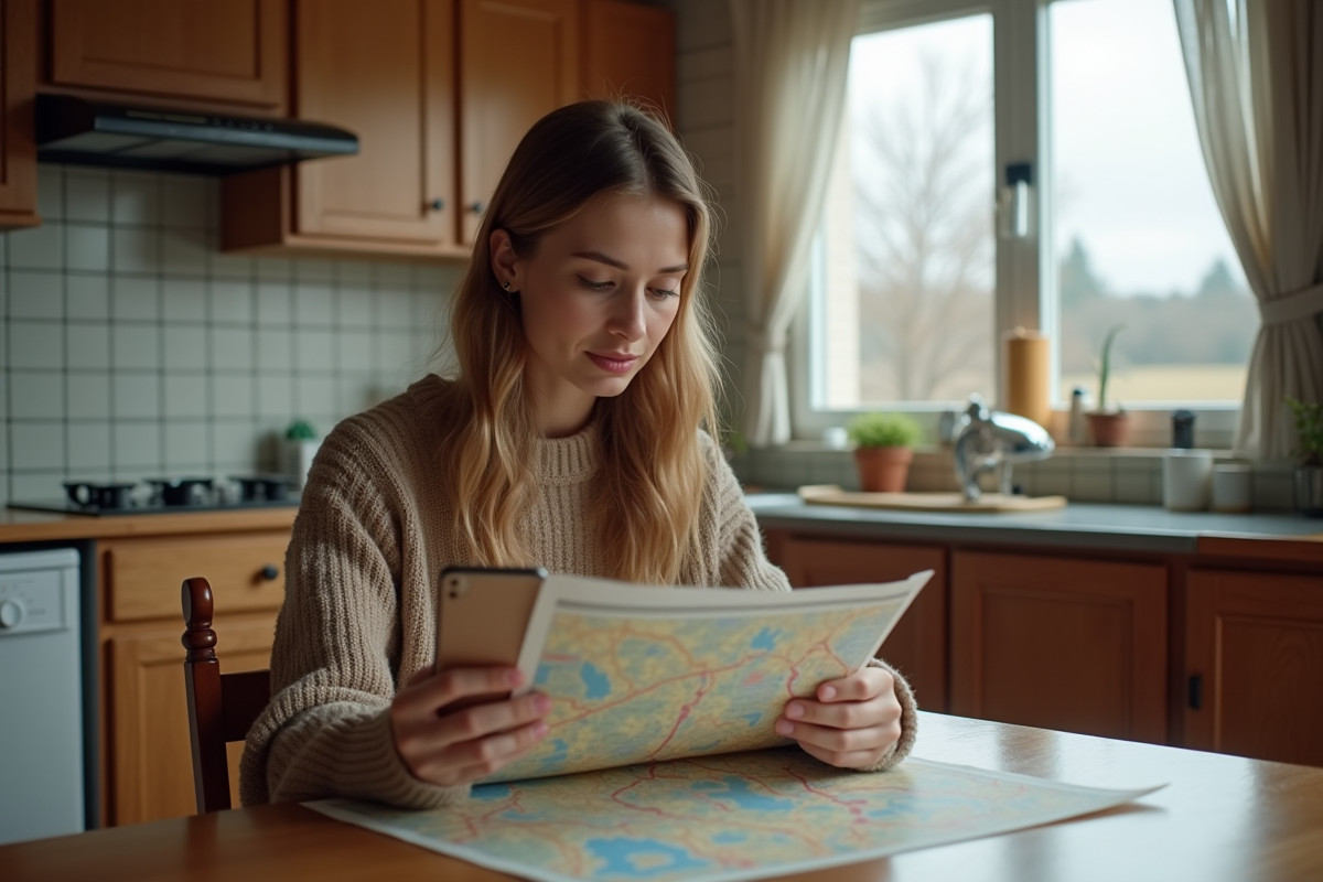 Jeune femme examine une carte dans une cuisine rurale