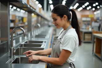 Femme examinant un évier en inox dans un magasin de bricolage pour comparer les prix et la qualité
