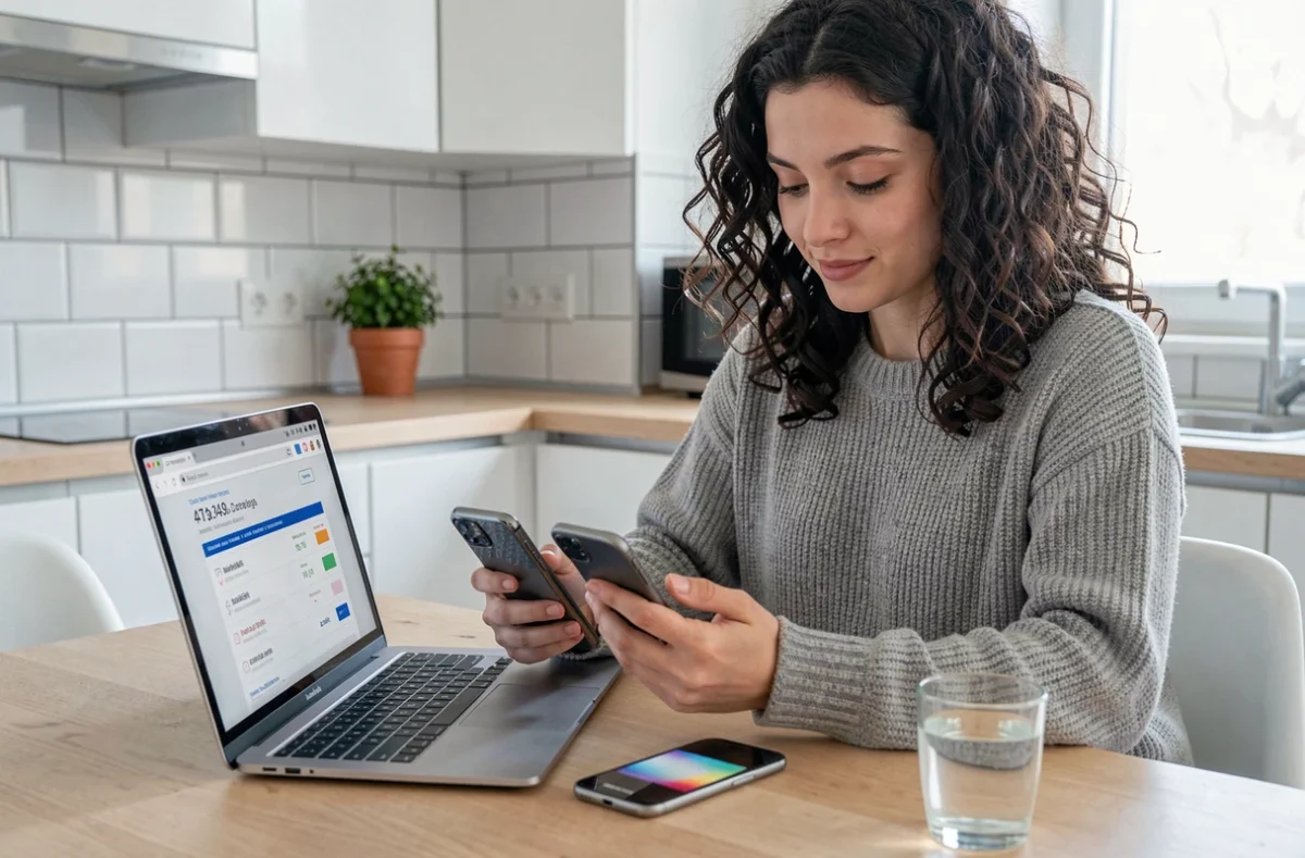 Femme comparant les tarifs des opérateurs pour appeler l'Algérie depuis son appartement