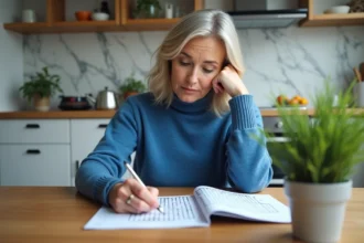 Femme concentrée en cuisine avec puzzle et stylo