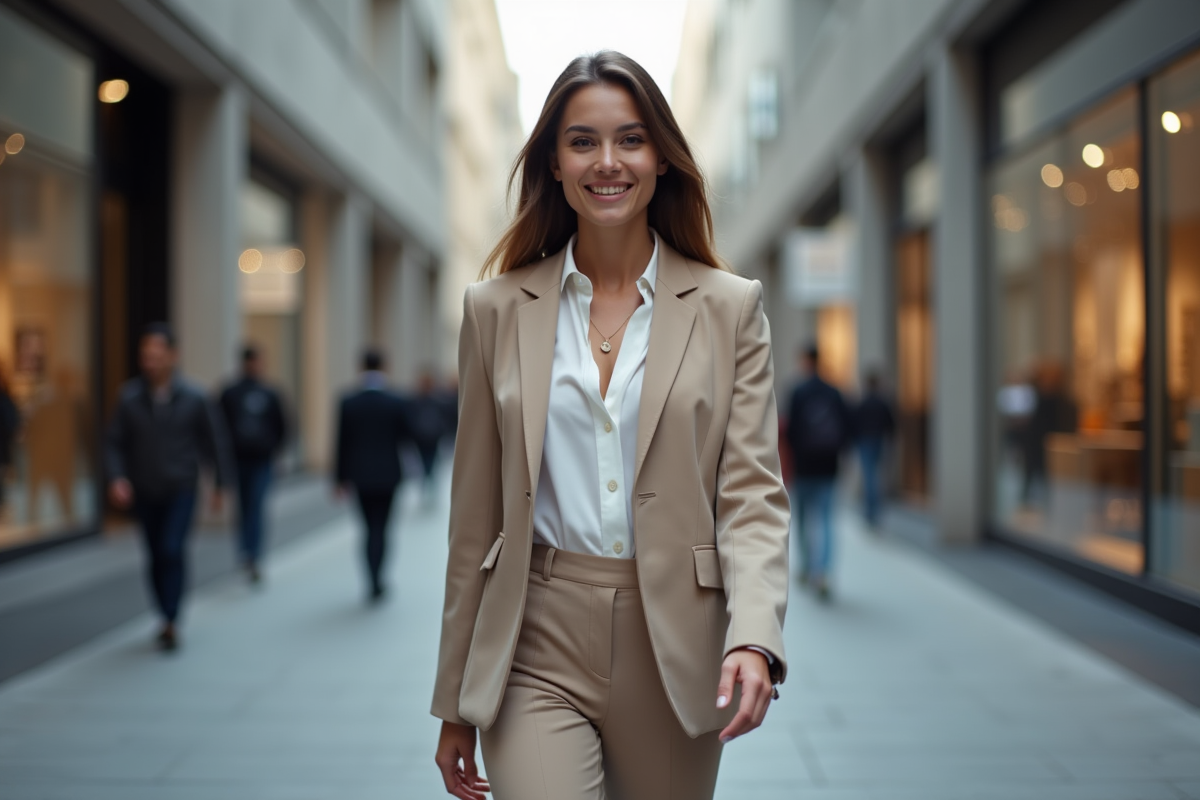 Femme confiante marchant en ville moderne