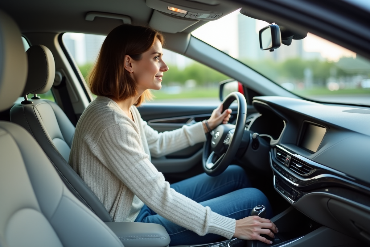 Jeune femme regardant le levier de vitesse dans sa voiture