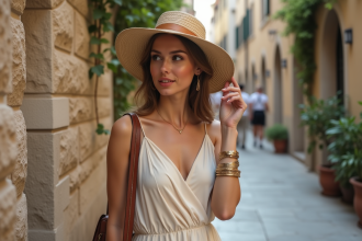 Femme élégante en robe crème dans une cour urbaine