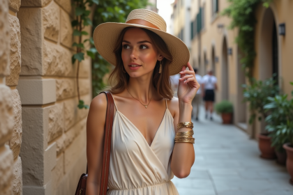 Femme élégante en robe crème dans une cour urbaine