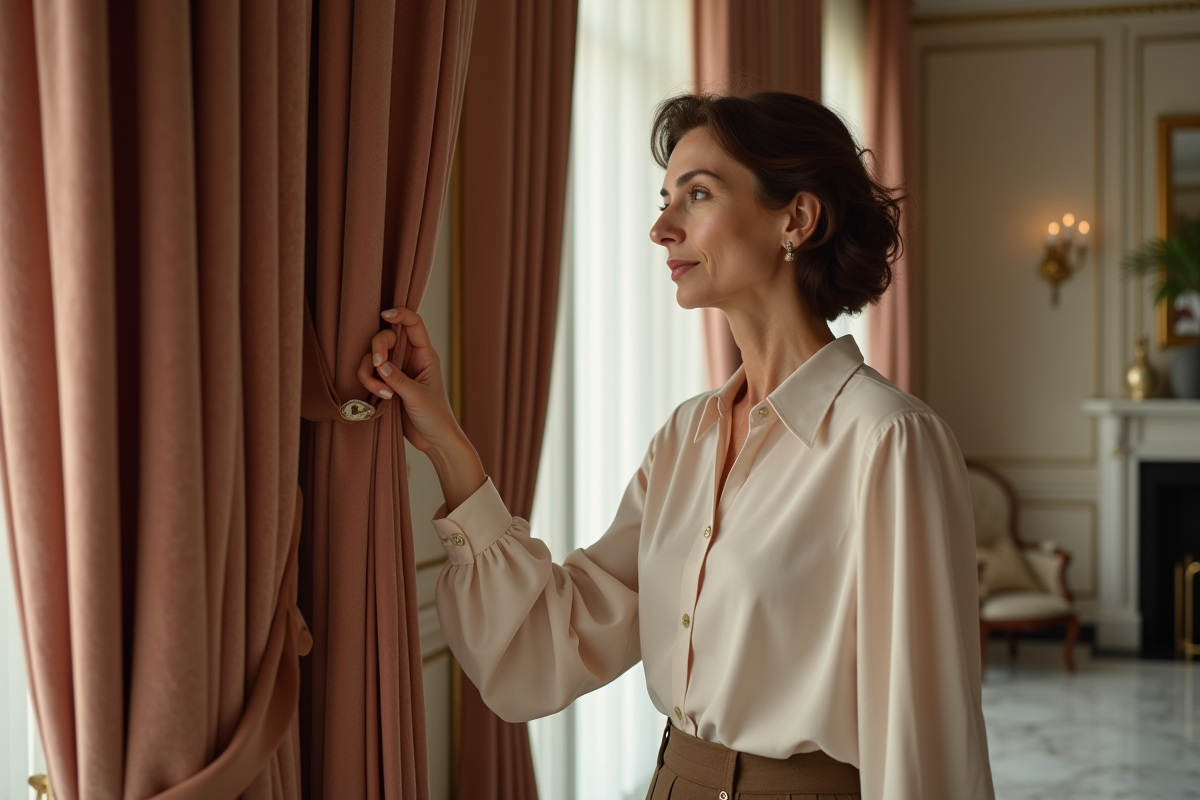 Femme élégante en blouse crème dans un salon luxueux