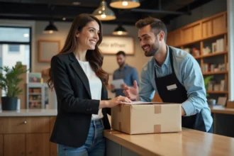 Jeune femme d'affaires remet un colis au personnel
