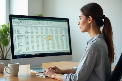 Femme utilisant Excel pour convertir des cm3 en litres avec des formules de conversion dans un bureau moderne