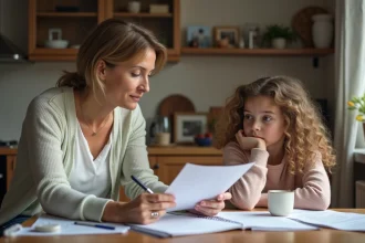 Femme et adolescente discutent de papiers dans la cuisine