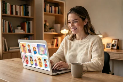 Femme souriant devant un écran d'ordinateur affichant des GIFs animés d'anniversaire colorés dans un bureau à domicile confortable