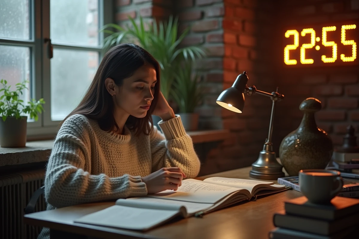 Femme seule contemplant une horloge affichant 22h55, symbole de la signification spirituelle et des flammes jumelles, dans un intérieur cosy et introspectif