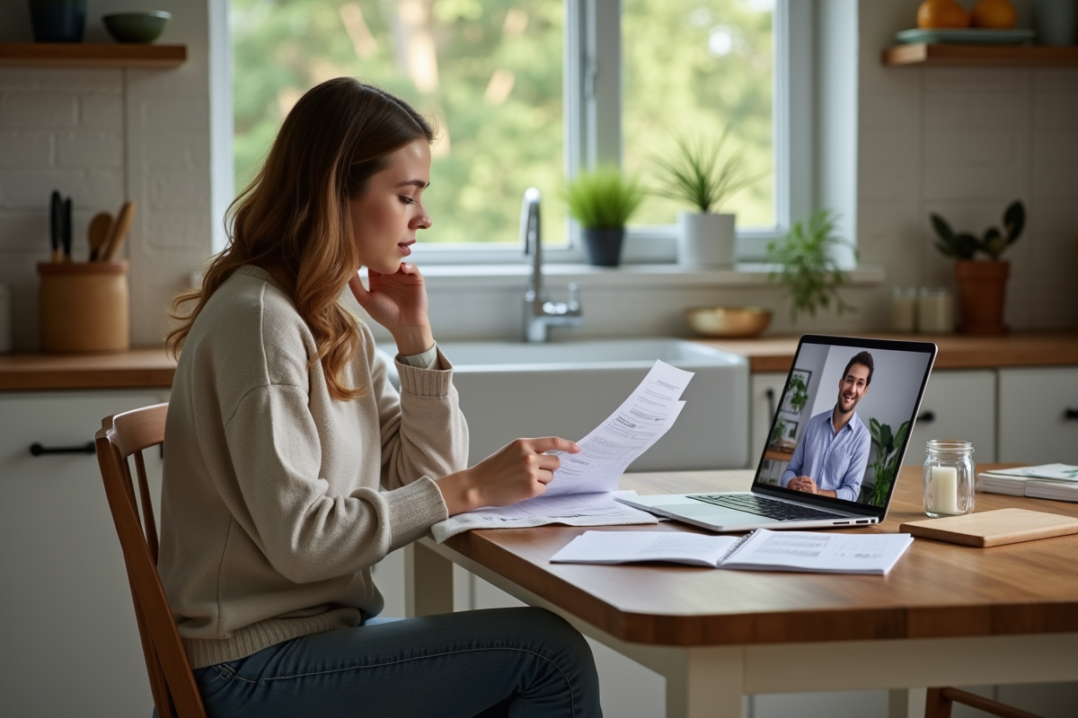 Jeune femme étudiant ses impots à la maison sur ordinateur
