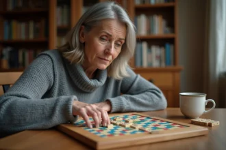 Femme concentrée plaçant des lettres sur un plateau de Scrabble en bois lors d'une partie à domicile
