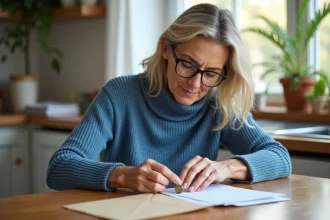 Femme en sweater bleu compare enveloppe et pièce