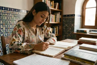 Jeune femme marocaine traduisant des paroles de chansons en français dans un bureau traditionnel de Marrakech