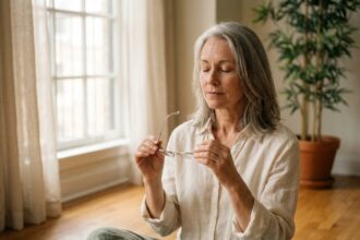 Femme sereine en méditation tenant des lunettes délicates, symbolisant le lien entre spiritualité et soin de la vue