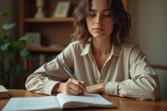 Femme concentrée écrivant dans un carnet pour mémoriser une règle de grammaire française à son bureau à domicile
