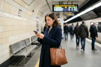 Femme consultant son smartphone sur un quai de métro parisien pour vérifier les horaires RATP en temps réel