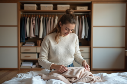 Femme organisant une garde-robe moderne et ordonnee