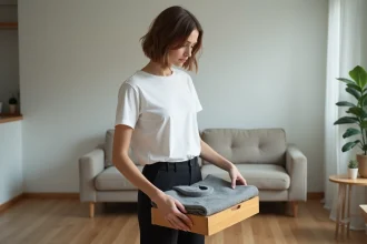 Jeune femme range un pull dans un tiroir dans un salon minimaliste