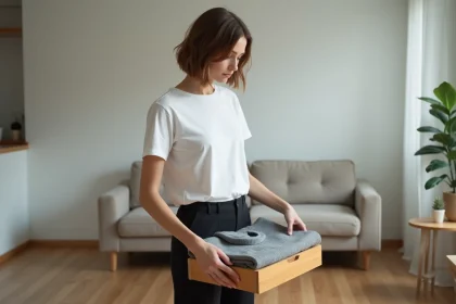 Jeune femme range un pull dans un tiroir dans un salon minimaliste