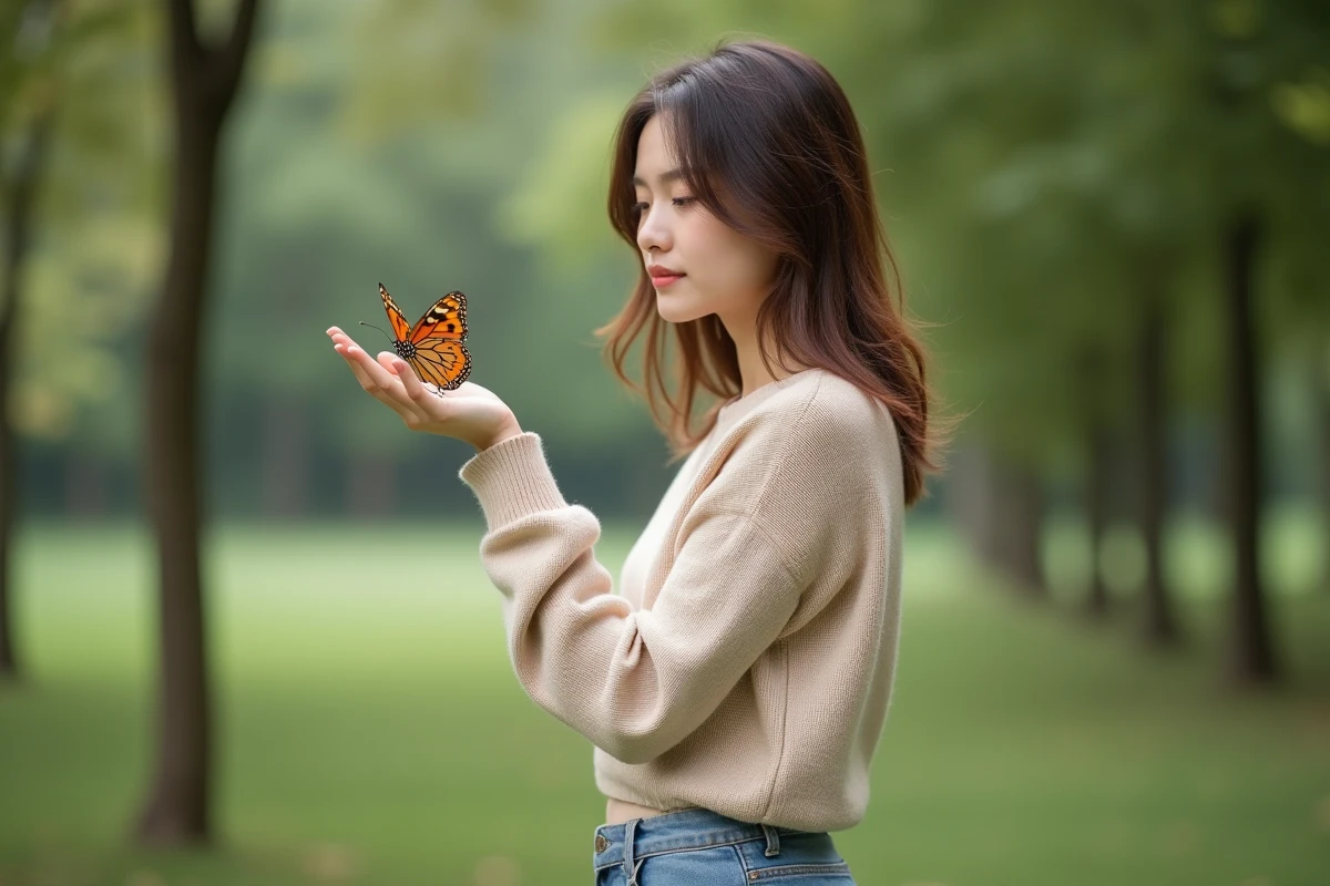 Jeune femme dans un parc contemplant un papillon