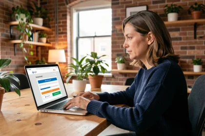 Femme utilisant une plateforme de collecte de dons en ligne sur un ordinateur portable dans un espace de coworking moderne