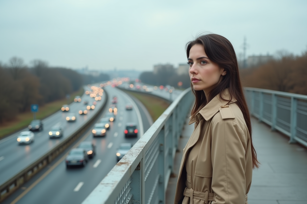Jeune femme observant le trafic depuis un pont
