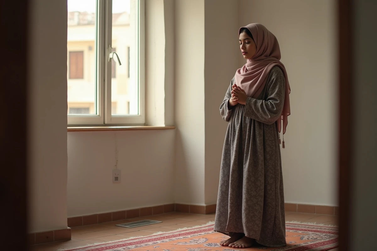 Jeune femme nord-africaine priant dans un appartement à Mille