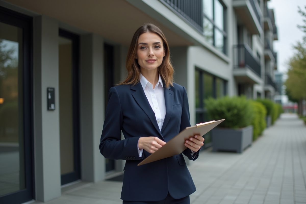 Femme en costume bleu dans une ville moderne