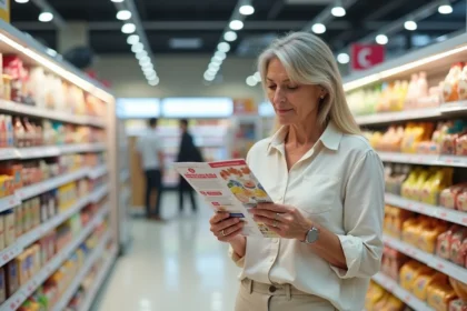 Femme consultant un prospectus promotionnel Lidl dans un supermarché en Corse