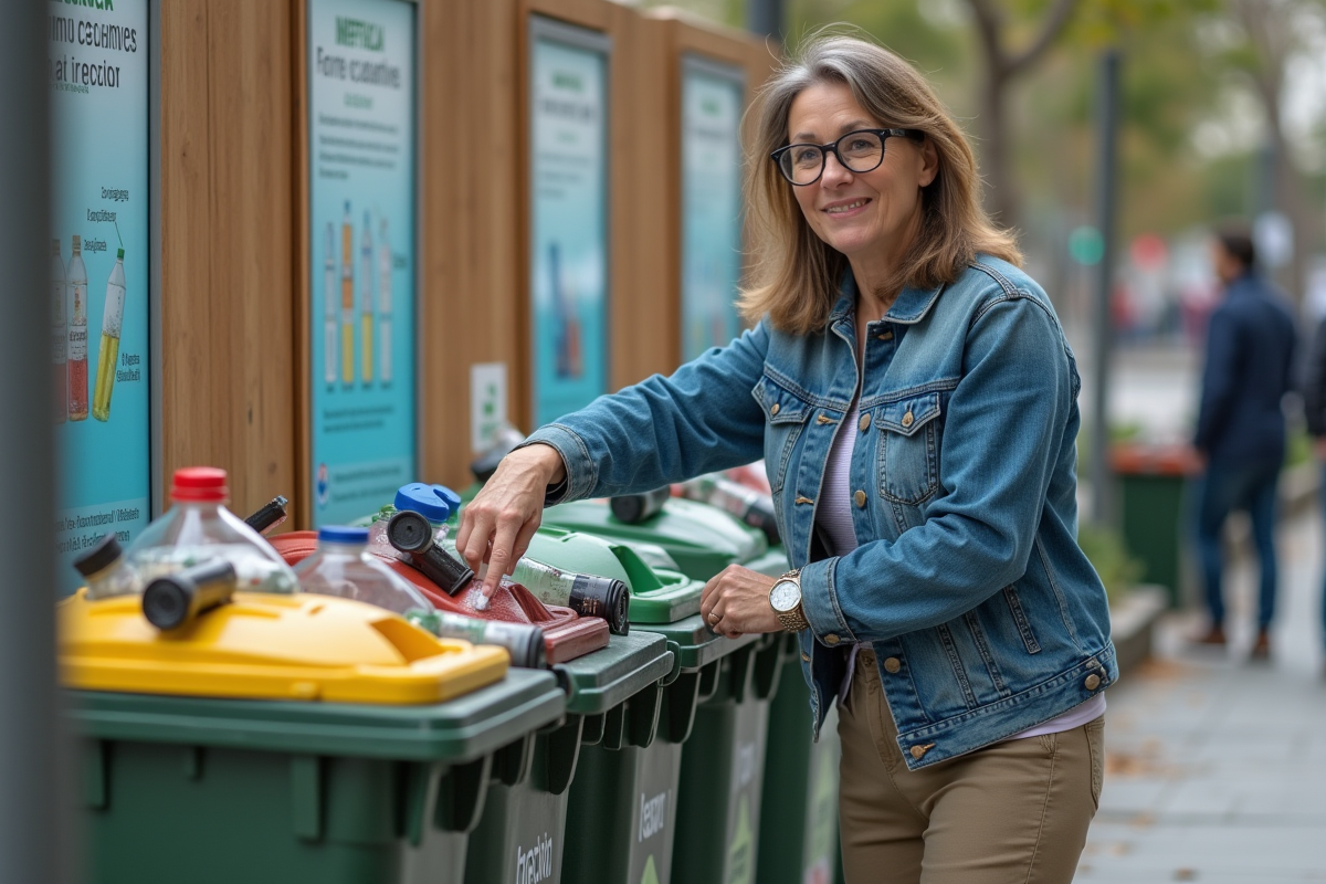 Femme en denim recyclant des bouteilles dans un centre urbain