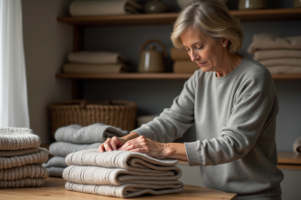 Femme pliant un pull en laine dans un intérieur cosy