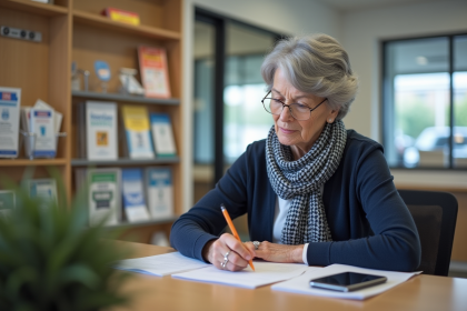 Femme senior remplissant des formulaires à un bureau municipal