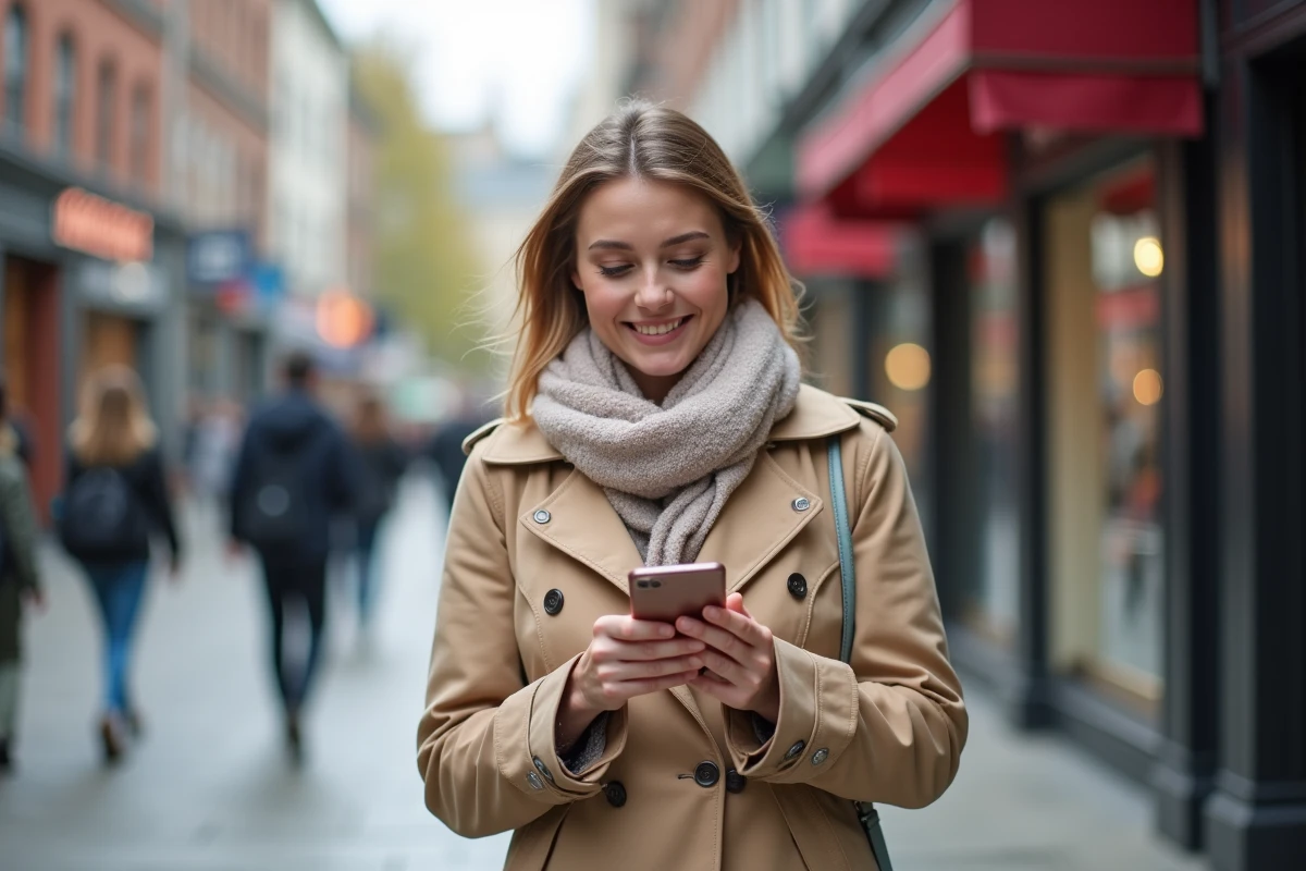Femme en trench et foulard envoyant un SMS dans la rue