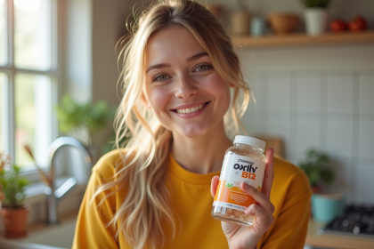 Jeune femme souriante tenant une vitamine B12 dans la cuisine