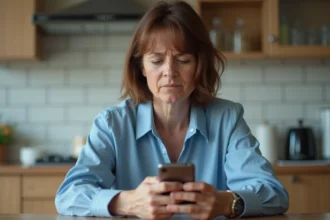Femme stressée avec téléphone dans une cuisine moderne