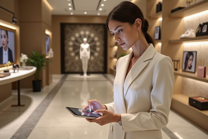 Femme en tailleur crème dans un magasin de luxe