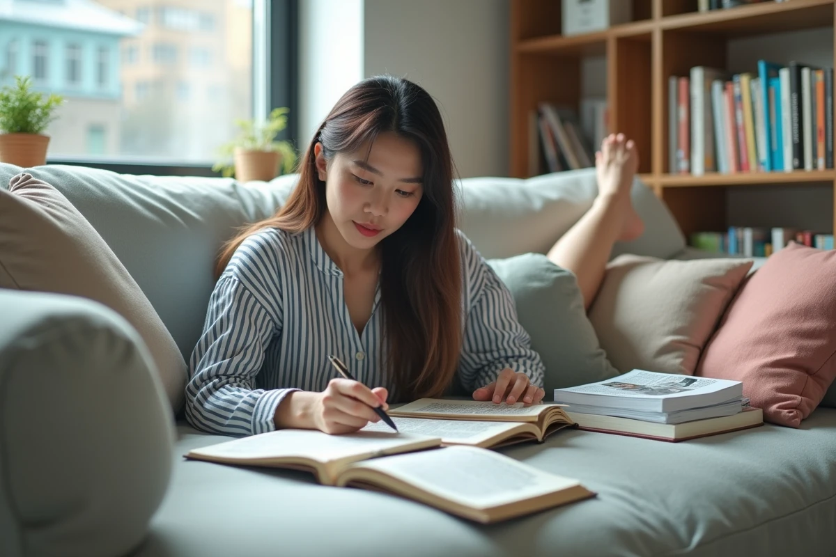 Jeune femme annotant son avancement dans sa lecture manga dans un bullet journal, entourée de volumes ouverts sur un canapé pastel dans un salon lumineux