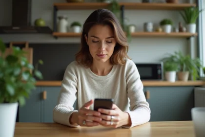 Femme d'âge moyen utilisant son smartphone à la maison